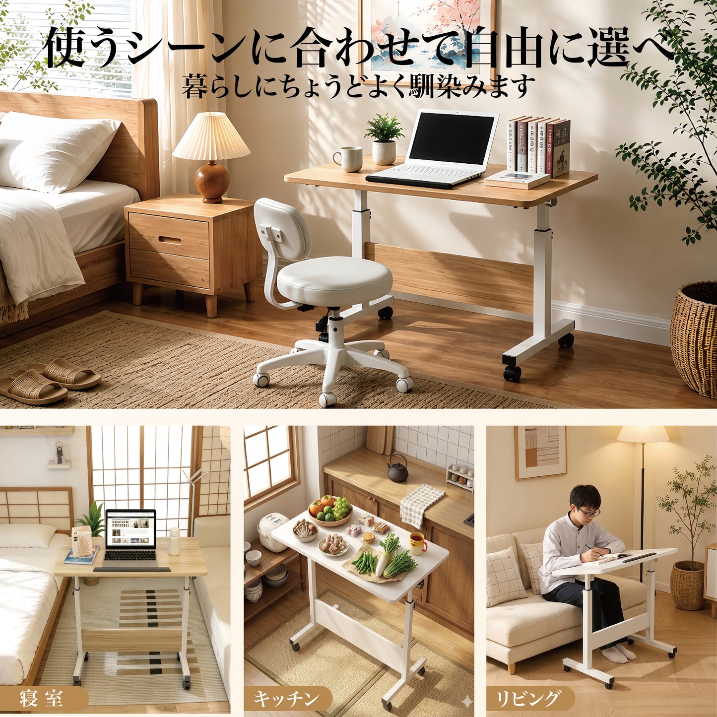 SakuraPaw 昇降デスク 折りたたみ パソコンデスク 高さ調節 サイドテーブル 角度調整 キャスター付き PCデスク 昇降式テーブル 勉強机 在宅勤務 おしゃれ コンパクト 省スペース 組立簡単 ホワイト